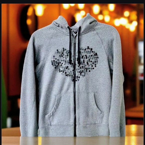 Roxy gray & black sequin heart detail hooded sweatshirt Jacket Size Xs/S - Picture 1 of 9
